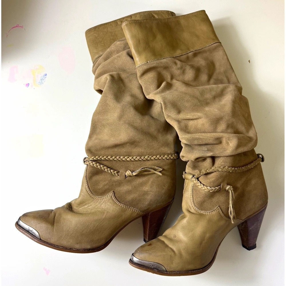 Zodiac Beige Leather Suede Western Mid-Calf Boots Braided Cap Toe Women's 8